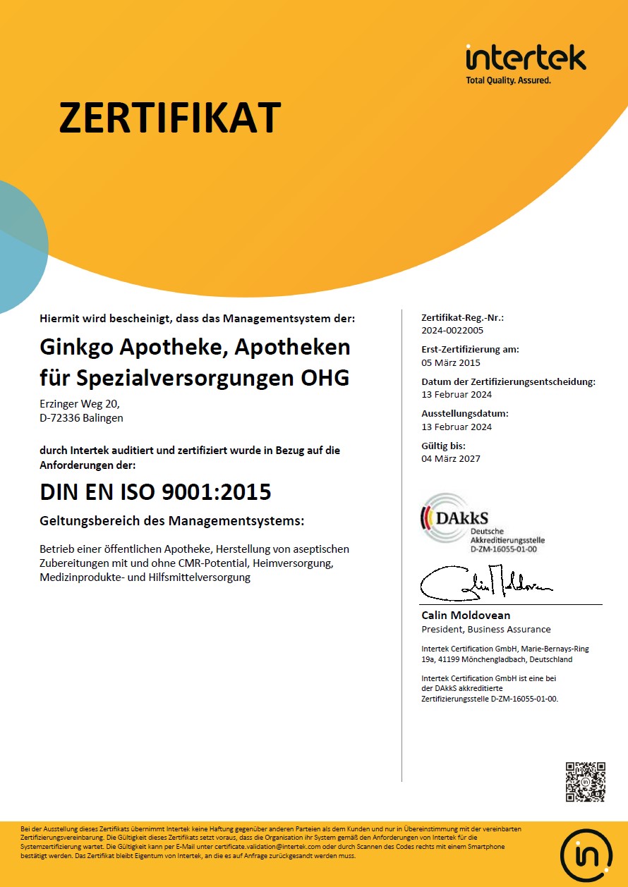 Zertifikat intertek Ginkgo